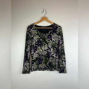 Karen Kane roses burn out mesh top stretchy whimsigoth fairycore large purple